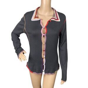 Vtg Y2K Relais Gray Colorful Crochet Stitch Elbow Patch Cardigan SZ M